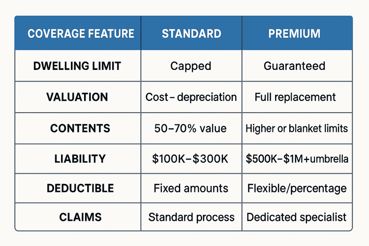A three-column table with a blue header bar and white/gray alternating rows. The columns are titled “Coverage Feature,” “Standard,” and “Premium.” The six rows read: Dwelling Limit | Capped | Guaranteed Valuation | Cost – depreciation | Full replacement Contents | 50–70% value | Higher or blanket limits Liability | $100K–$300K | $500K–$1M + umbrella Deductible | Fixed amounts | Flexible/percentage Claims | Standard process | Dedicated specialist
