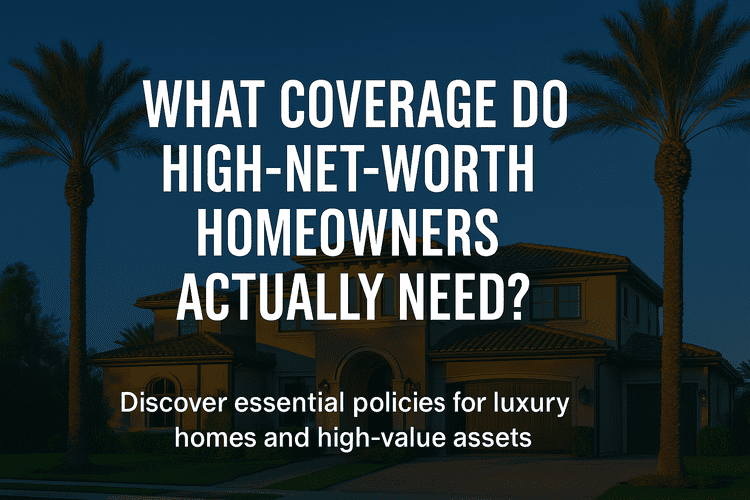 "Featured image of a luxury Mediterranean-style home at sunset with palm trees and a bold white overlay title that reads: 'What Coverage Do High-Net-Worth Homeowners Actually Need?' Subheading below reads: 'Discover essential policies for luxury homes and high-value assets.'”