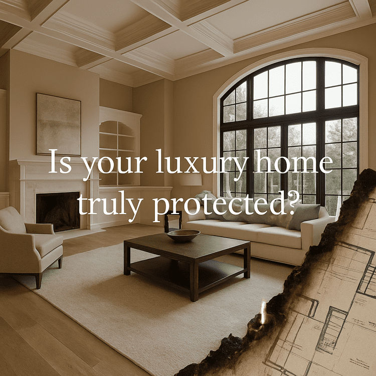 Elegant luxury living room with coffered ceilings and panoramic windows, overlaid with the question 'Is your luxury home truly protected?'—contrasted by a charred architectural blueprint in the corner, symbolizing potential loss and the need for proper insurance coverage.