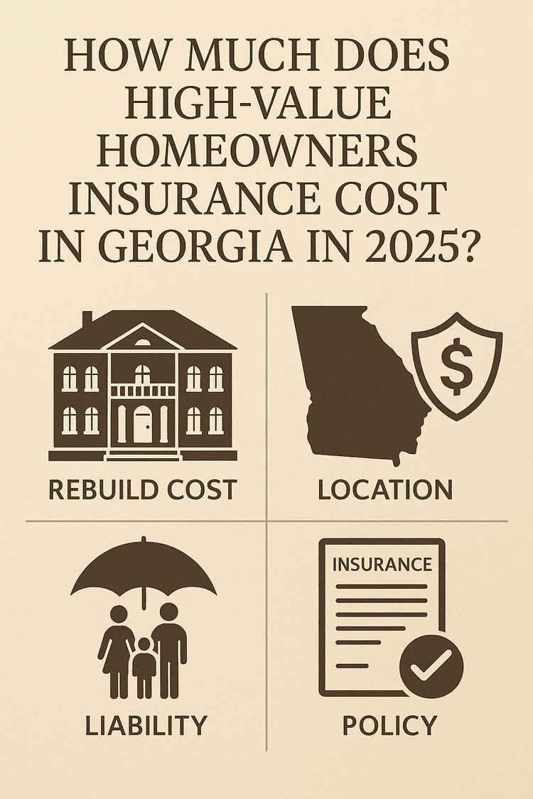 Beige informational graphic titled at top in large serif font: “How Much Does High-Value Homeowners Insurance Cost in Georgia in 2025?” Below, the graphic is divided into four quadrants: Top left: a stylized two-story home icon labeled “Rebuild Cost.” Top right: silhouette of the state of Georgia next to a shield with a dollar sign, labeled “Location.” Bottom left: an umbrella icon sheltering a family of three, labeled “Liability.” Bottom right: an insurance policy document icon with a checkmark on it, labeled “Policy.”