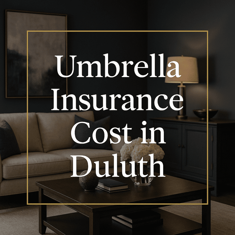 Elegant navy and gold living room with bold white serif text overlay reading 'Umbrella Insurance Cost in Duluth', framed in a thin gold border.