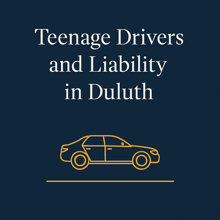 A sleek navy blue graphic with the headline "Teenage Drivers and Liability in Duluth" in classic white serif font, centered above a minimalist gold sedan icon and gold underline, conveying a refined and professional visual style.