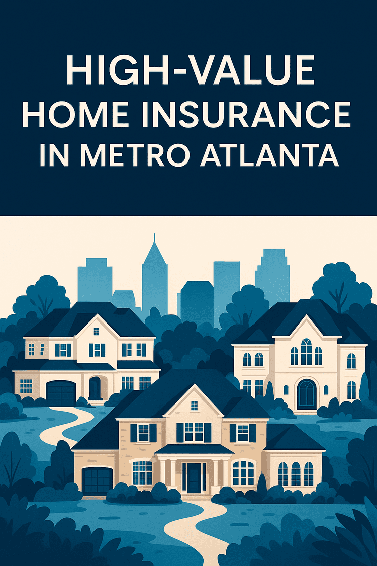 "Stylized graphic of luxury homes in Metro Atlanta with a modern flat-design aesthetic, featuring three large upscale houses in navy and cream tones set against a blue city skyline. Bold white text at the top reads 'High-Value Home Insurance in Metro Atlanta' on a deep navy background."
