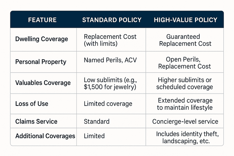 A clean three-column table comparing “Standard Policy” with “High-Value Policy” across six features: Dwelling Coverage: Standard uses Replacement Cost (with limits); High-Value uses Guaranteed Replacement Cost Personal Property: Standard covers Named Perils at Actual Cash Value; High-Value covers Open Perils at Replacement Cost Valuables Coverage: Standard has low sublimits (e.g., $1,500 for jewelry); High-Value offers higher sublimits or scheduled coverage Loss of Use: Standard provides limited coverage; High-Value provides extended coverage to maintain lifestyle Claims Service: Standard service; High-Value offers concierge-level service Additional Coverages: Standard is limited; High-Value includes extras like identity theft protection and landscaping coverage