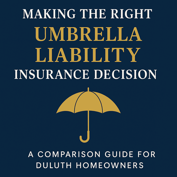 A graphic displays an informational guide cover titled “Making the Right Umbrella Liability Insurance Decision: A Comparison Guide for Duluth Homeowners,” with elegant navy and gold colors, featuring a gold umbrella icon centered beneath the bold title.