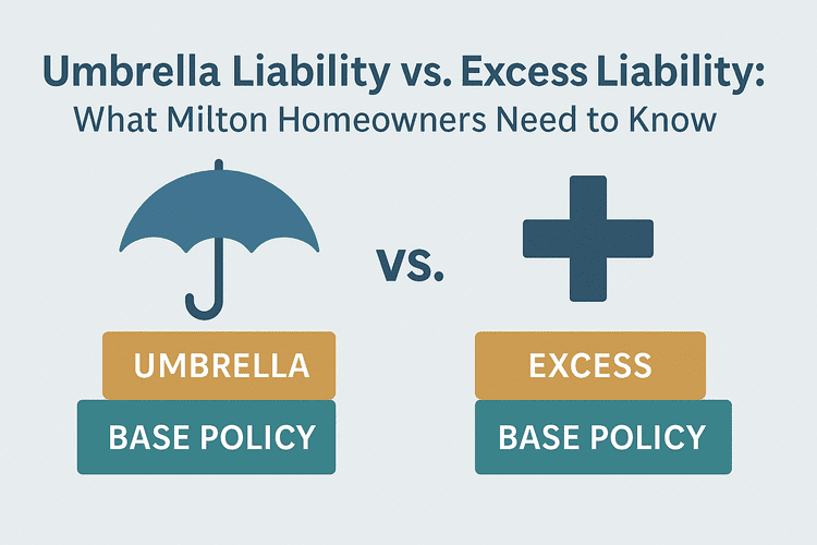 Infographic comparing umbrella liability and excess liability insurance. On the left, an umbrella icon is stacked above blocks labeled 'Umbrella' and 'Base Policy.' On the right, a plus sign icon sits above blocks labeled 'Excess' and 'Base Policy.' The heading reads: 'Umbrella Liability vs. Excess Liability: What Milton Homeowners Need to Know.'