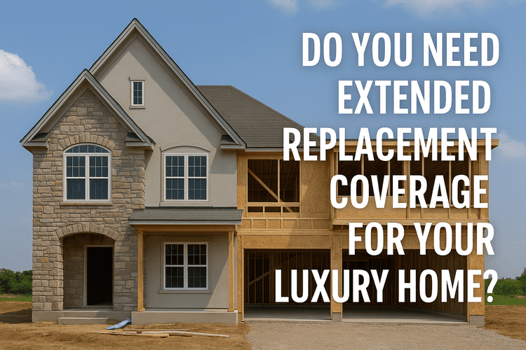 Partially constructed luxury home with stone and stucco exterior under a clear sky, showing one finished and one framed section. Large white text reads: “Do you need extended replacement coverage for your luxury home?”—conveying the importance of insurance protection during rising rebuild costs.
