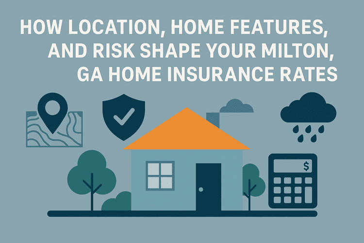 Flat design illustration showing a light blue house with an orange roof surrounded by icons representing key insurance factors: a location map pin, a security shield, rainfall, a calculator, and trees. Above the house is the headline text: “How Location, Home Features, and Risk Shape Your Milton, GA Home Insurance Rates.” The background is a muted blue-gray tone for a clean, modern look.
