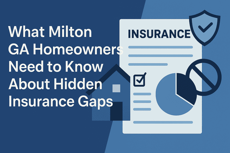 Digital graphic showing the title 'What Milton GA Homeowners Need to Know About Hidden Insurance Gaps' in bold white text on a navy blue background. Beside the text, there is an illustrated insurance document with icons representing a checkmark, a pie chart, a shield, and a house, symbolizing home insurance coverage and potential gaps.