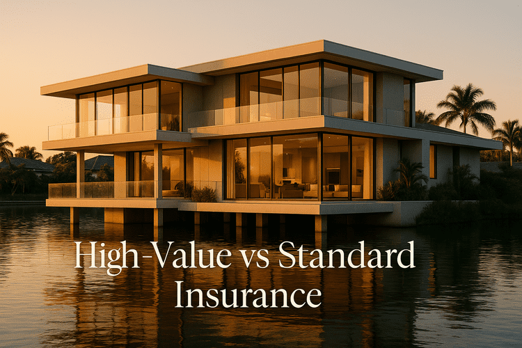 A luxury waterfront mansion surrounded by calm water, modern architecture with large glass walls, set during golden hour. The home is partially elevated on stilts, hinting at flood awareness. In the foreground, subtle text overlay reads: “High-Value vs Standard Insurance” in elegant serif font. Style: Photorealistic, horizontal layout, warm lighting, minimalistic composition, 16:9 aspect ratio.