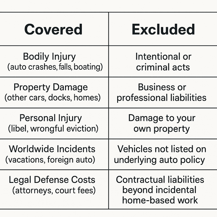 Table comparing umbrella insurance coverage. Covered: Bodily injury (e.g., auto crashes, falls, boating), property damage (e.g., other cars, docks, homes), personal injury (e.g., libel, wrongful eviction), worldwide incidents (e.g., vacations, foreign auto), and legal defense costs (e.g., attorneys, court fees). Excluded: Intentional or criminal acts, business or professional liabilities, damage to your own property, vehicles not listed on the underlying auto policy, and contractual liabilities beyond incidental home-based work.