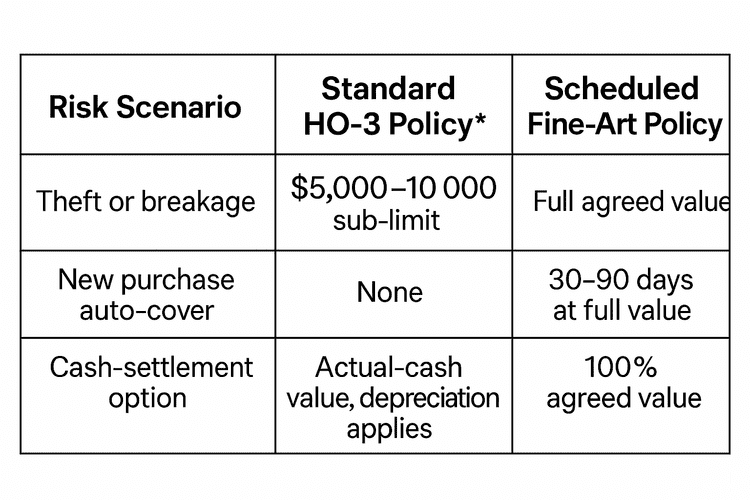 A comparison table with three rows and three columns titled “Risk Scenario,” “Standard HO-3 Policy*,” and “Scheduled Fine-Art Policy.” Row 1 (Theft or breakage): Standard HO-3 Policy shows “$5,000–$10,000 sub-limit”; Scheduled Fine-Art Policy shows “Full agreed value.” Row 2 (New purchase auto-cover): Standard HO-3 Policy shows “None”; Scheduled Fine-Art Policy shows “30–90 days at full value.” Row 3 (Cash-settlement option): Standard HO-3 Policy shows “Actual-cash value, depreciation applies”; Scheduled Fine-Art Policy shows “100% agreed value.”