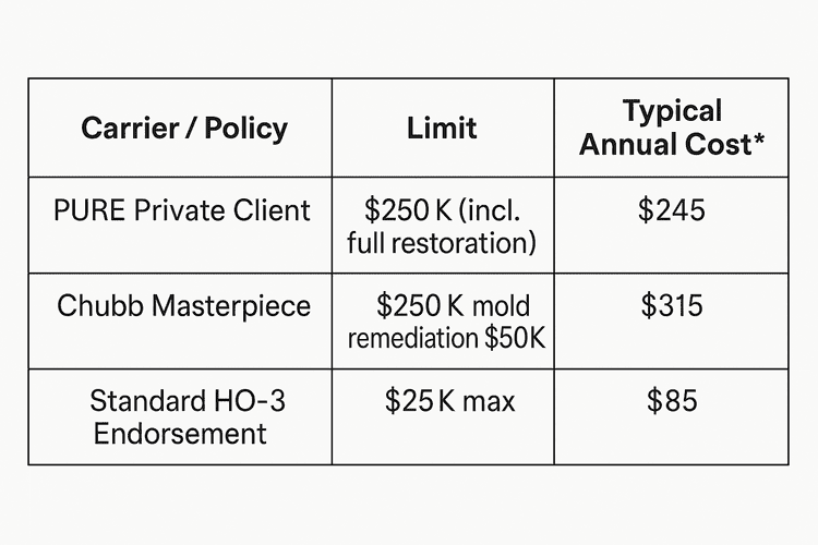 A table comparing water damage coverage across three insurance policies. The table has three columns: “Carrier / Policy,” “Limit,” and “Typical Annual Cost*.” PURE Private Client: $250K (includes full restoration), $245 annual cost Chubb Masterpiece: $250K plus $50K mold remediation, $315 annual cost Standard HO-3 Endorsement: $25K max, $85 annual cost The asterisk next to "Typical Annual Cost" suggests additional conditions or variations may apply.