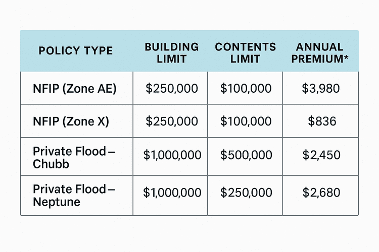 Table showing flood insurance policy details with four columns—Policy Type, Building Limit, Contents Limit, and Annual Premium*—and four rows of data: • NFIP (Zone AE): Building limit $250,000; Contents limit $100,000; Annual premium $3,980 • NFIP (Zone X): Building limit $250,000; Contents limit $100,000; Annual premium $836 • Private Flood — Chubb: Building limit $1,000,000; Contents limit $500,000; Annual premium $2,450 • Private Flood — Neptune: Building limit $1,000,000; Contents limit $250,000; Annual premium $2,680