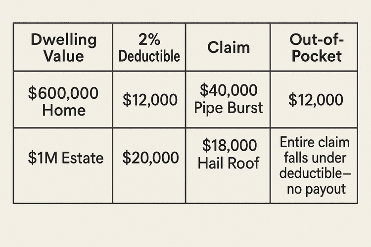 A comparison table showing two insurance claim scenarios. The table has four columns: "Dwelling Value," "2% Deductible," "Claim," and "Out-of-Pocket." The first row shows a "$600,000 Home" with a "$12,000" deductible and a "$40,000 Pipe Burst" claim. The out-of-pocket cost is "$12,000." The second row shows a "$1M Estate" with a "$20,000" deductible and a "$18,000 Hail Roof" claim. The entire claim falls under the deductible, resulting in "no payout."