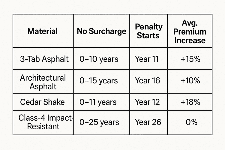 A comparison table showing roofing materials and their associated insurance surcharge timelines and premium increases. The table includes four columns: "Material," "No Surcharge," "Penalty Starts," and "Avg. Premium Increase." The rows detail the following: 3-Tab Asphalt: no surcharge for 0–10 years, penalty starts in year 11, +15% premium increase. Architectural Asphalt: no surcharge for 0–15 years, penalty starts in year 16, +10% premium increase. Cedar Shake: no surcharge for 0–11 years, penalty starts in year 12, +18% premium increase. Class-4 Impact-Resistant: no surcharge for 0–25 years, penalty starts in year 26, 0% premium increase.