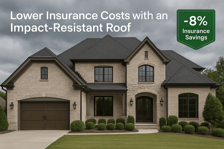 Luxury home in Milton, Georgia with a dark impact-resistant roof and overcast sky, featuring on-image text promoting lower insurance costs and –8% savings.