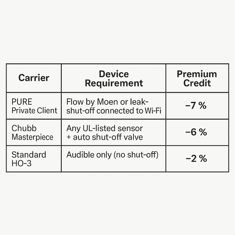 A comparison table with three columns: Carrier, Device Requirement, and Premium Credit. It lists water-leak protection device requirements and the corresponding insurance premium discounts for three carriers: PURE Private Client: Requires “Flow by Moen or leak-shut-off connected to Wi-Fi” — offers a –7% premium credit. Chubb Masterpiece: Requires “Any UL-listed sensor + auto shut-off valve” — offers a –6% premium credit. Standard HO-3: Allows “Audible only (no shut-off)” — offers a –2% premium credit.