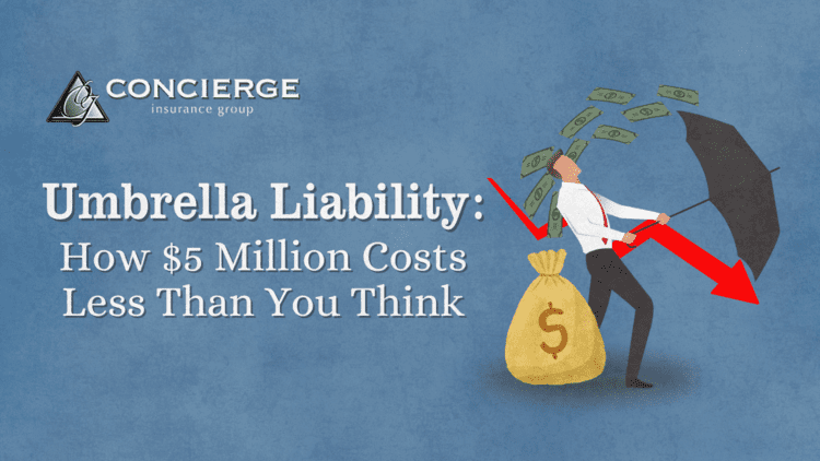 A digital illustration with a textured blue background features the logo and name "Concierge Insurance Group" in the upper left corner. Large text in the center reads "Umbrella Liability: How $5 Million Costs Less Than You Think." To the right, a businessman leans backward holding a large black umbrella deflecting falling dollar bills and a red downward arrow. A large money bag with a dollar sign sits at his feet, symbolizing financial protection.